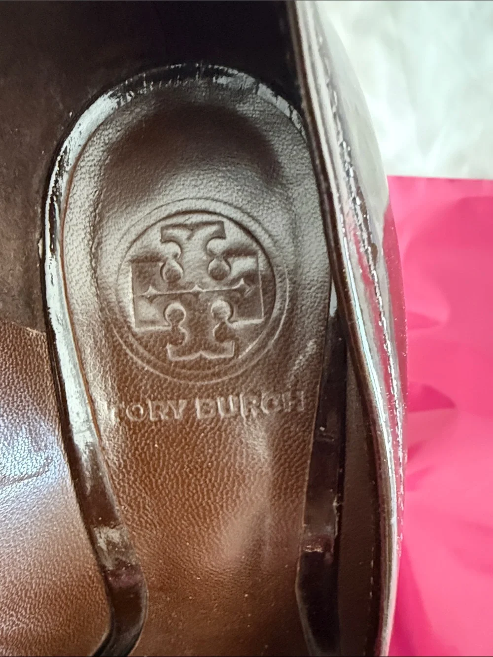 Tory Burch Brown Patent Leather Pumps with Navy and Orange Buckles